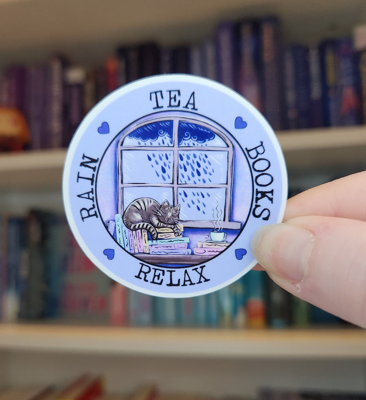 Rainy Day Cat, Tea, Books Vinyl Sticker