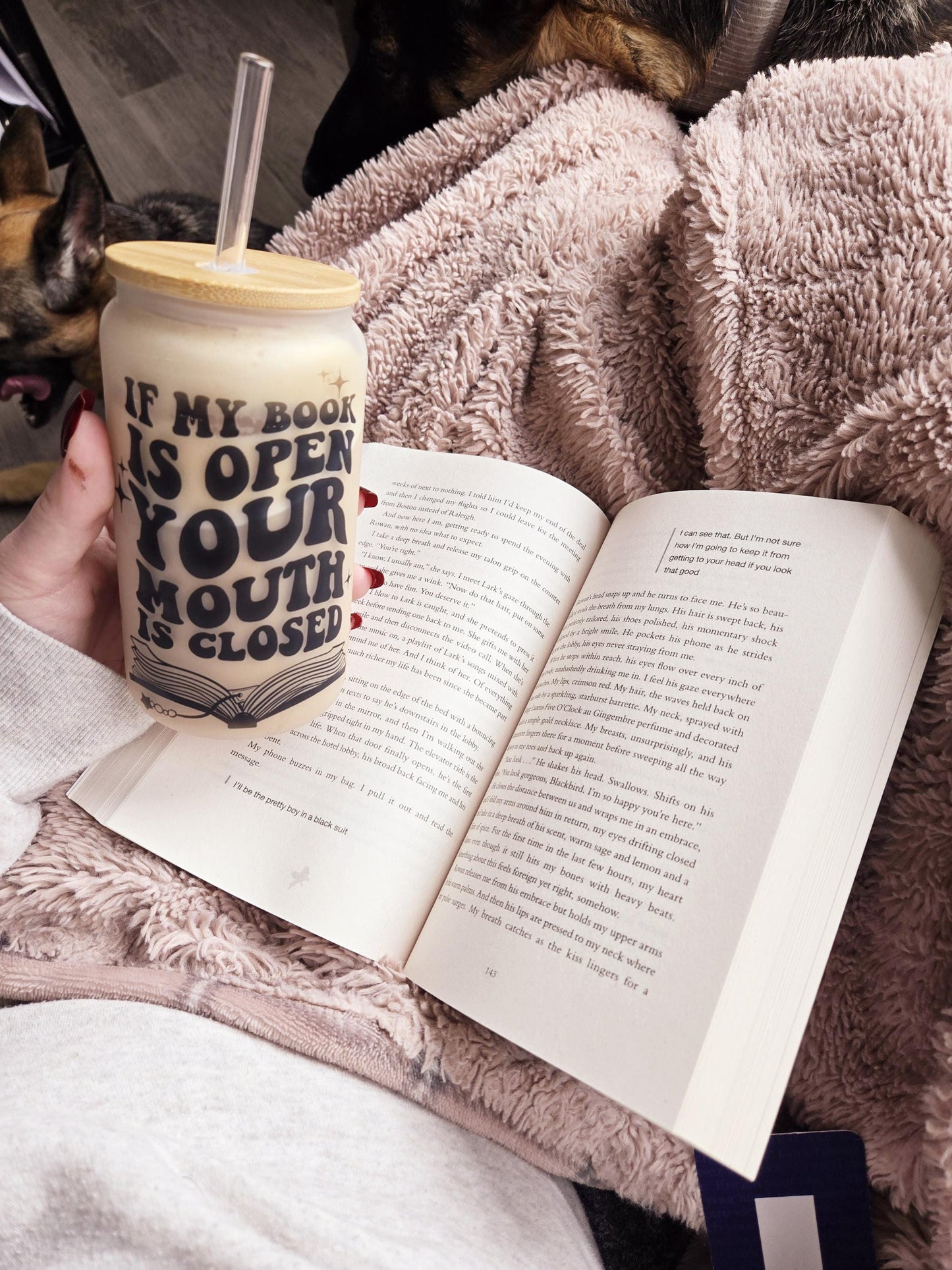 If my book is open - Frosted glass beer can - bookish merch | bookish gifts | libby glass | drinkware | tumbler | iced coffee | mug