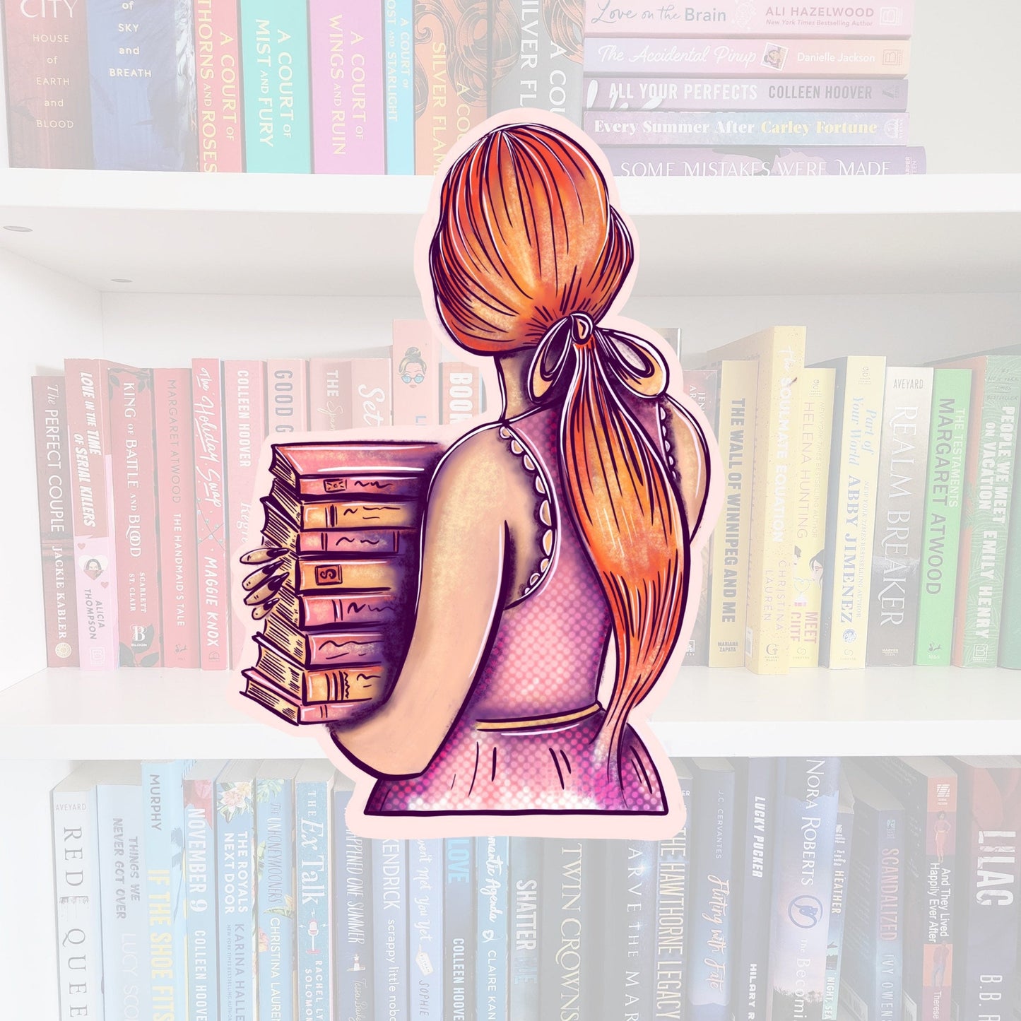 Whimsical redhead with books STICKER