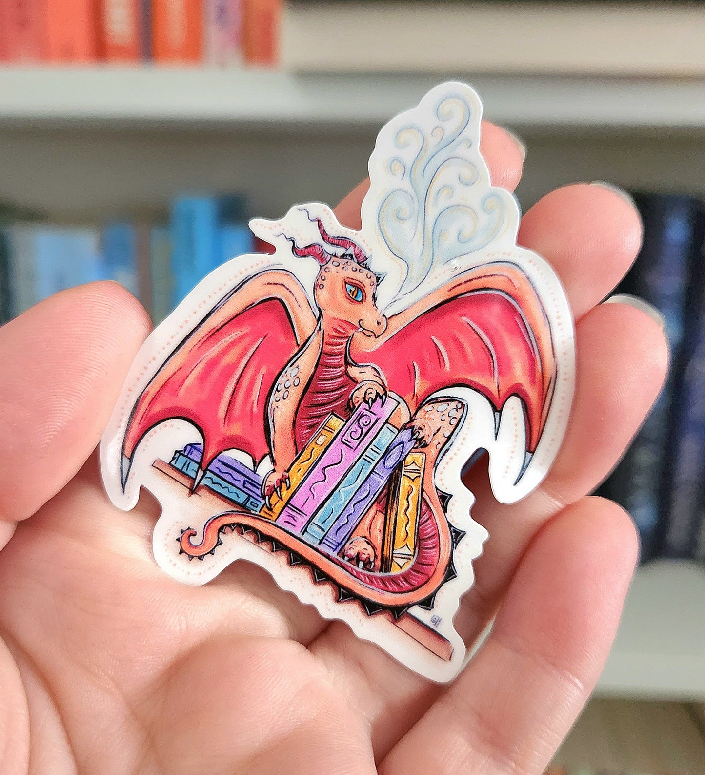 Book Dragon Vinyl Sticker – Ruby Red Whimsical Reader Laptop Decal