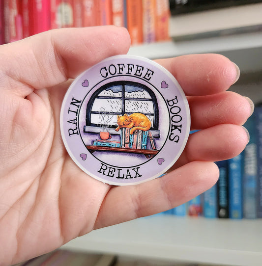 Rain, Coffee, books - bookish stickers / booktok / book addict / whimsy / reader / water resistant | cat lover | relax