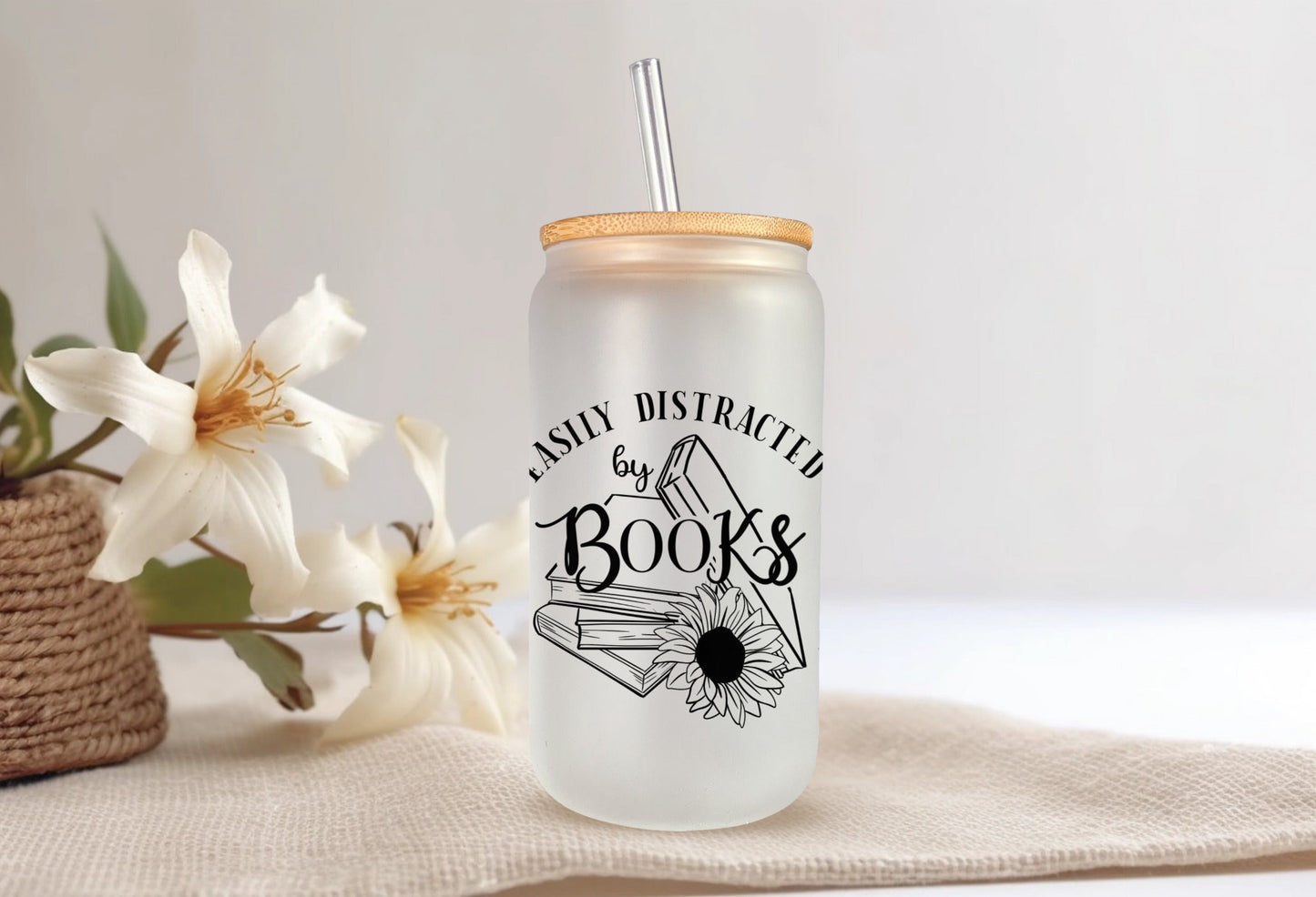 Easily distracted by books -Frosted glass beer can - bookish merch | bookish gifts | glass | drinkware | tumbler