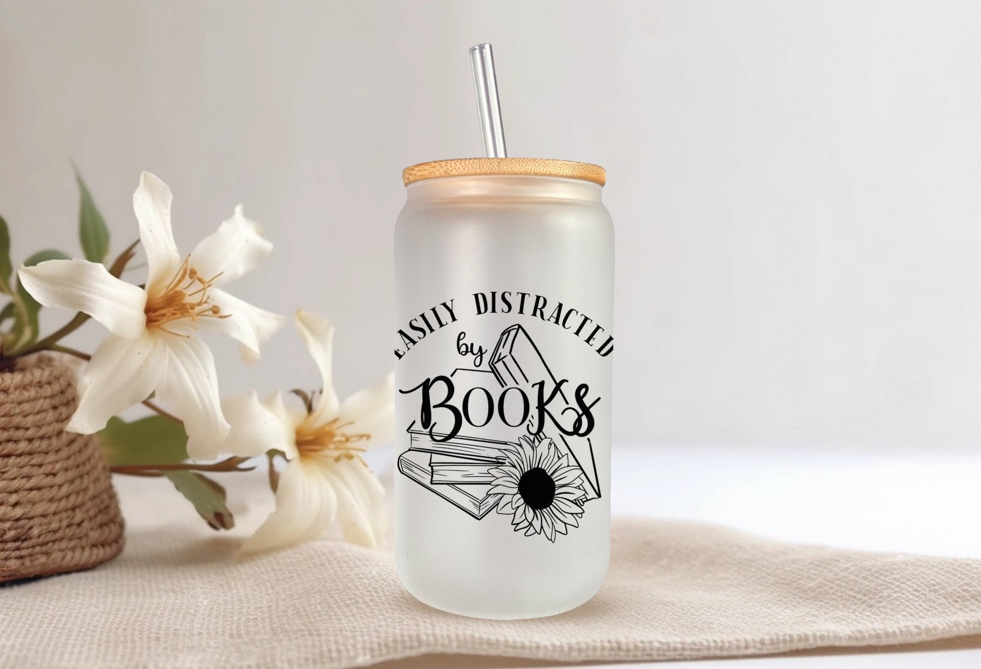 Easily distracted by books -Frosted glass beer can - bookish merch | bookish gifts | glass | drinkware | tumbler