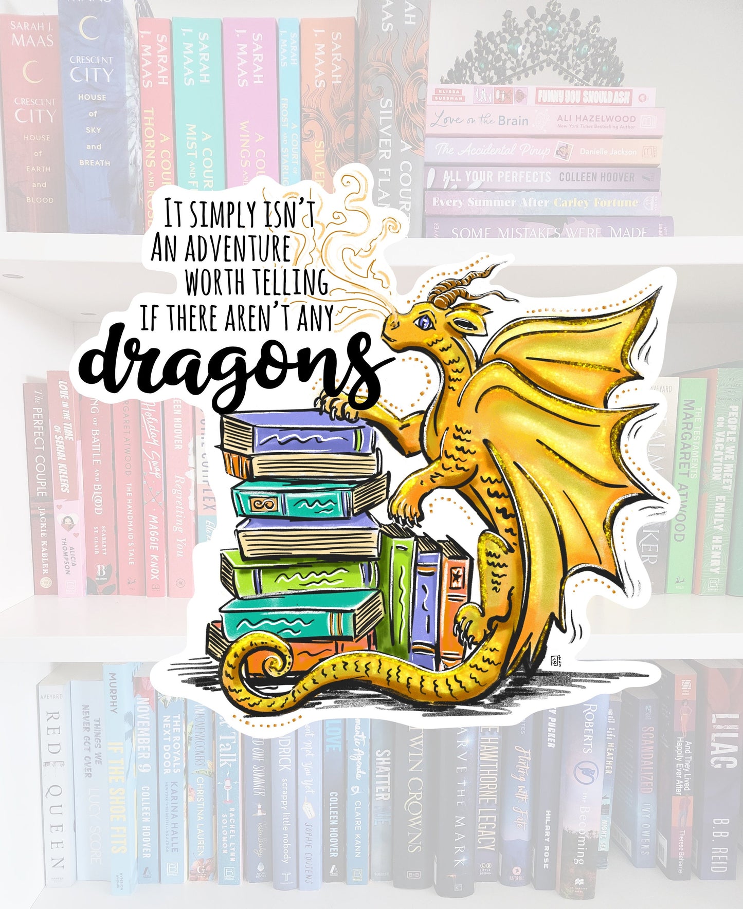 Gold Book Dragon Vinyl Sticker - Whimsical Reader Laptop Decal