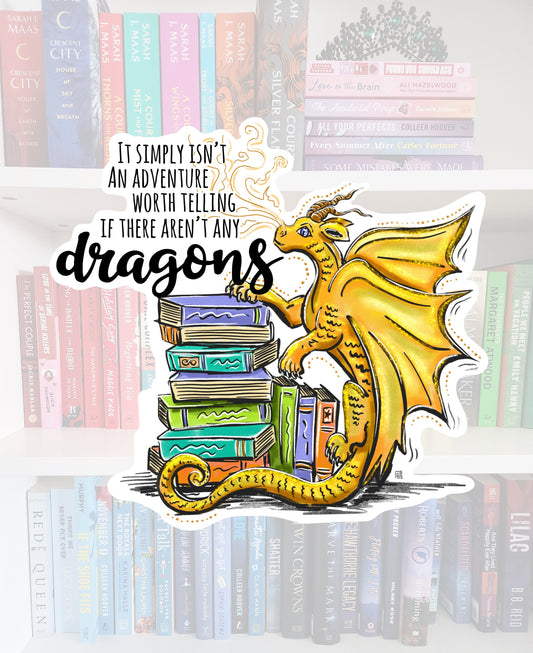 Gold Book Dragon Vinyl Sticker - Whimsical Reader Laptop Decal