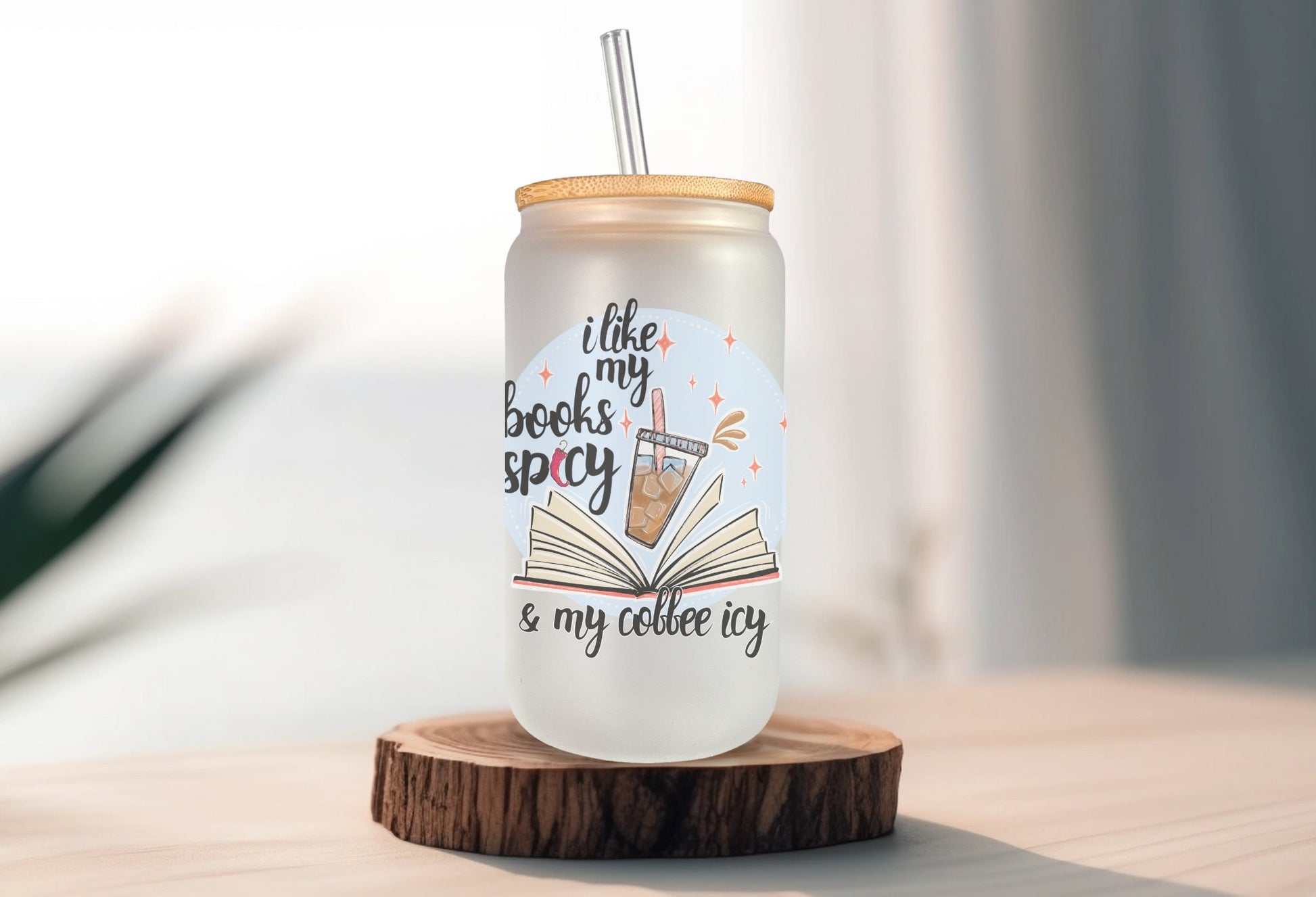 Frosted Glass Beer Can Tumbler - Spicy Books, Icy Coffee