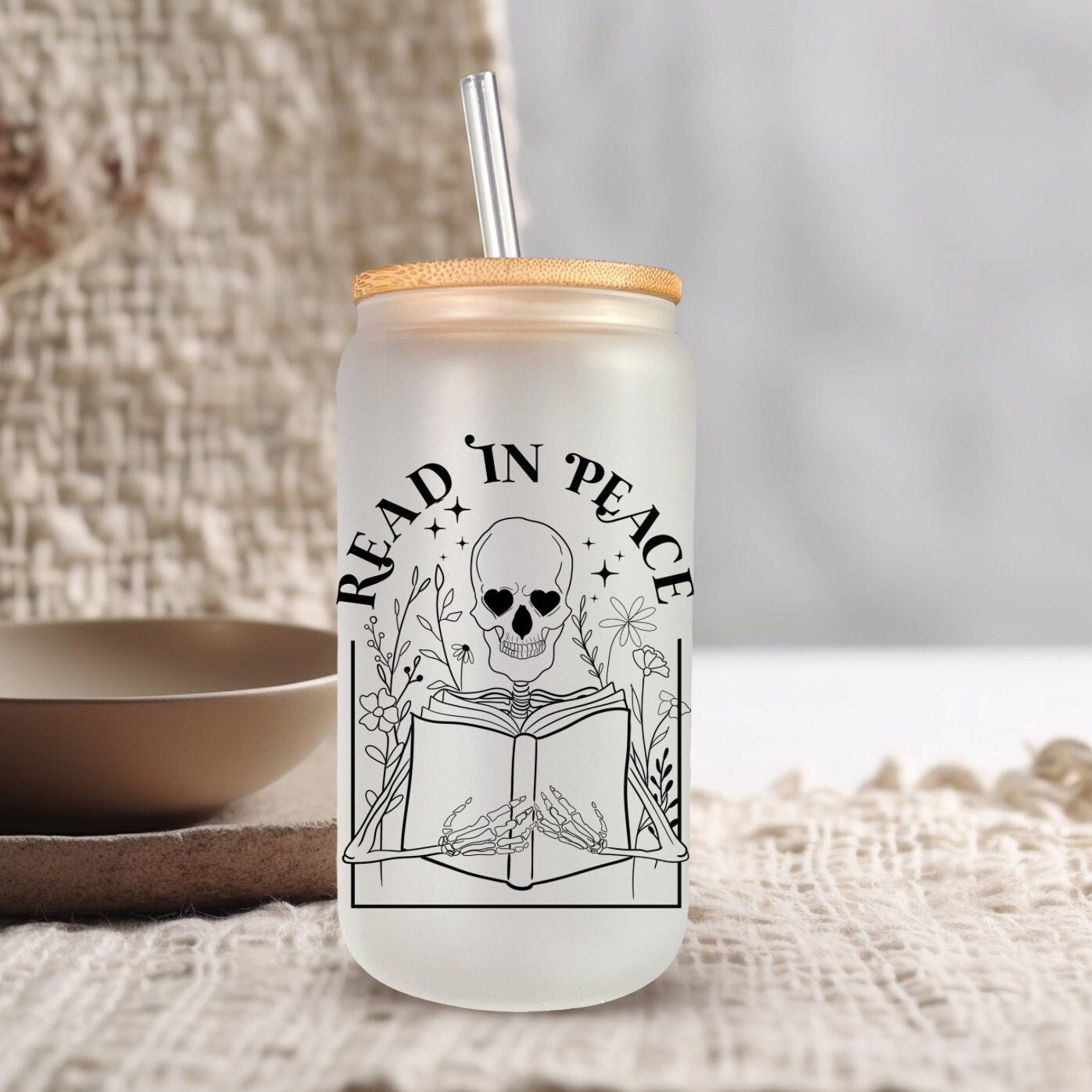 Read in peace - Frosted glass beer can - bookish merch | bookish gifts | glass | drinkware | tumbler | booktok