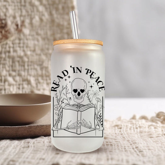 Read in peace - Frosted glass beer can - bookish merch | bookish gifts | glass | drinkware | tumbler | booktok