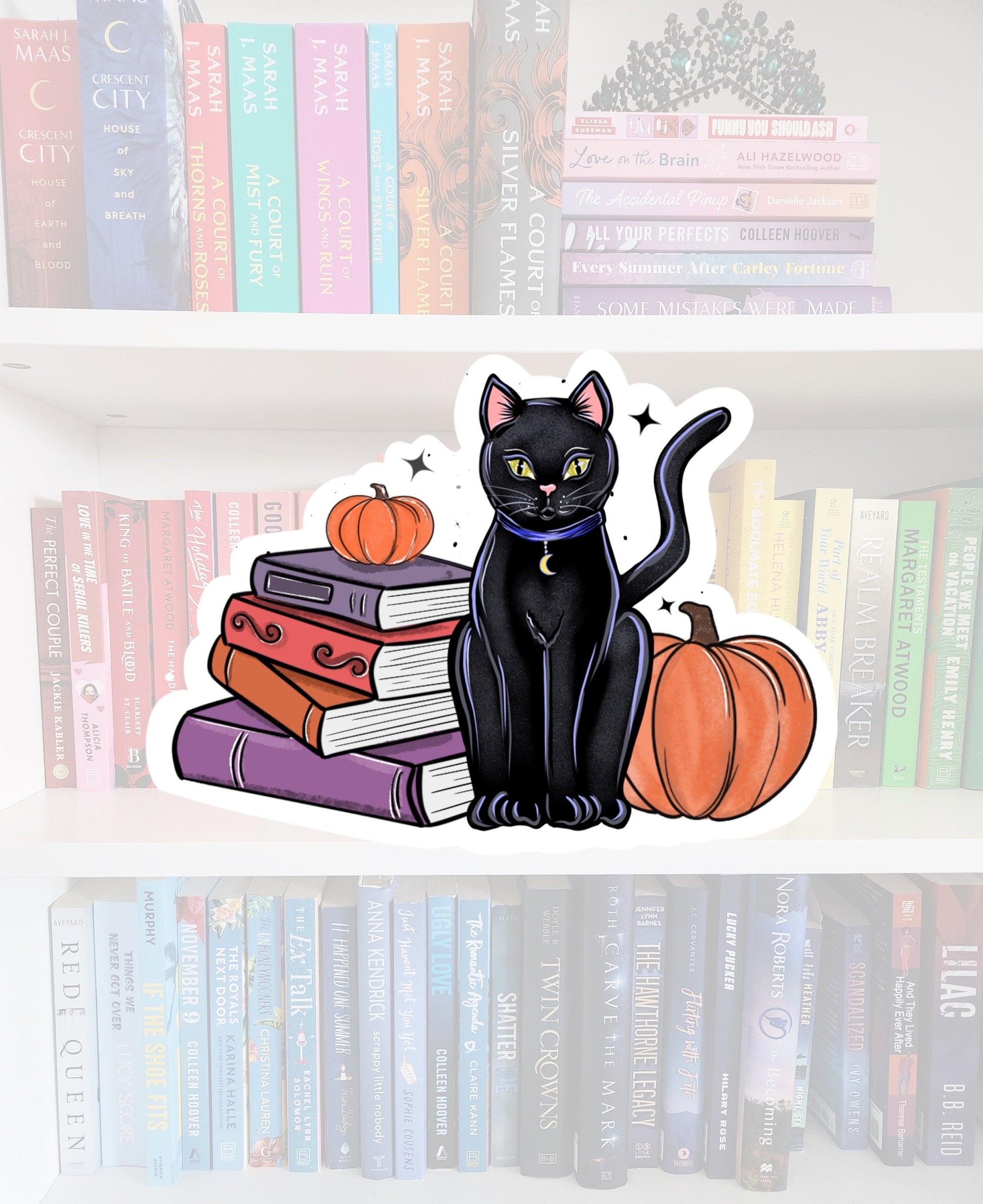 Bookish Black Cat Sticker – Spooky Reader with Pumpkins