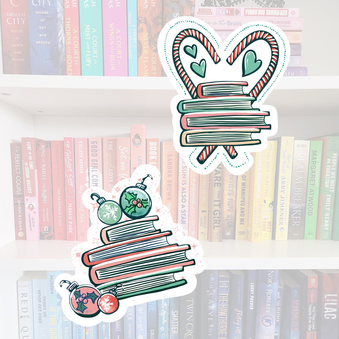 Bookish Christmas Stickers - Book Stack Holiday Stickers (Set of 2)