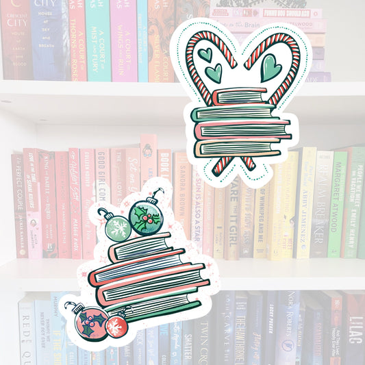 Bookish Christmas Stickers - Book Stack Holiday Stickers (Set of 2)