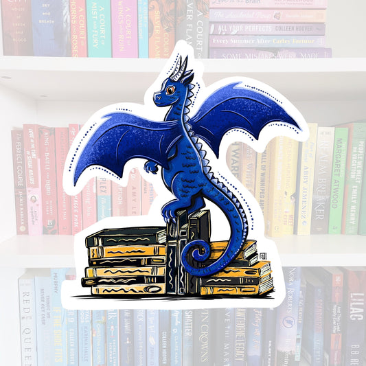 Sapphire Book Dragon Sticker - Whimsical Reader, Water Resistant