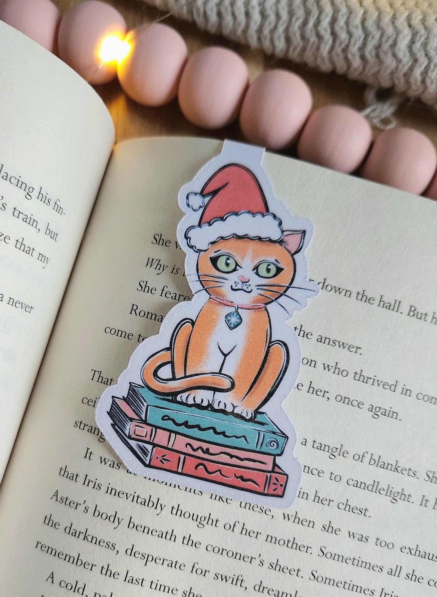 Santa cat magnetic bookmark | bookishmerch | cats | whimsy | bookish | reader | page holder, magnet | cat | kitty | booktok
