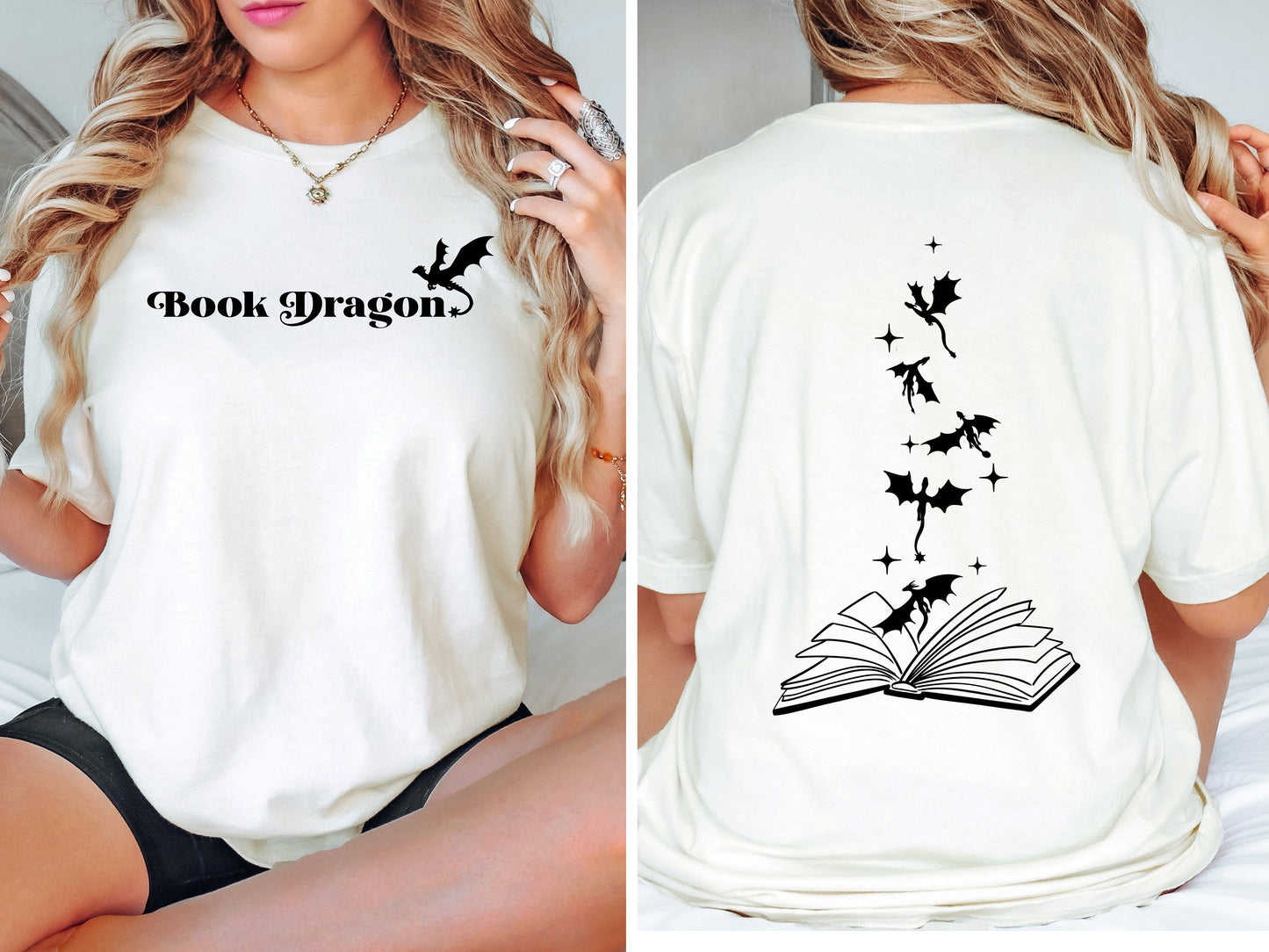 Book Dragon T-shirt - with dragons on back | Bookish Tee | Dragons | Reading Shirt | Book Addict T-shirt | Fantasy shirt | bookish gifts