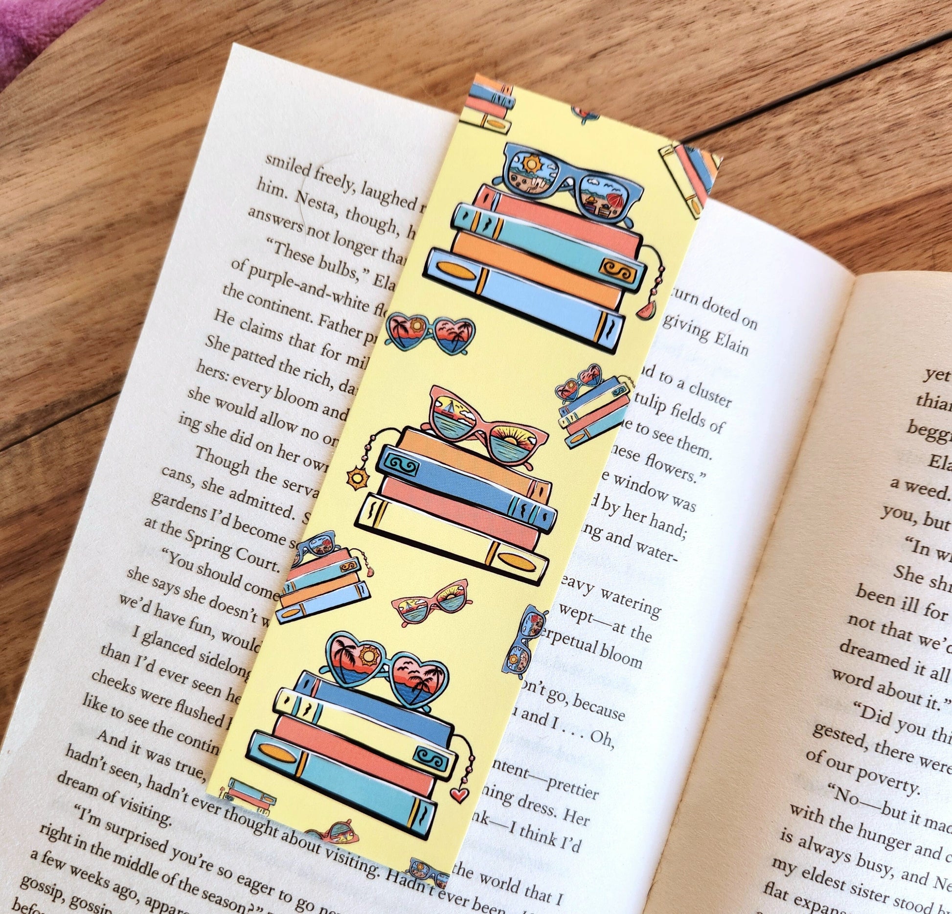 Book piles with sunnies - Bookmark | bookish | smut | booktok | bookish gifts | bookish merch | books | gifts | funny | reader