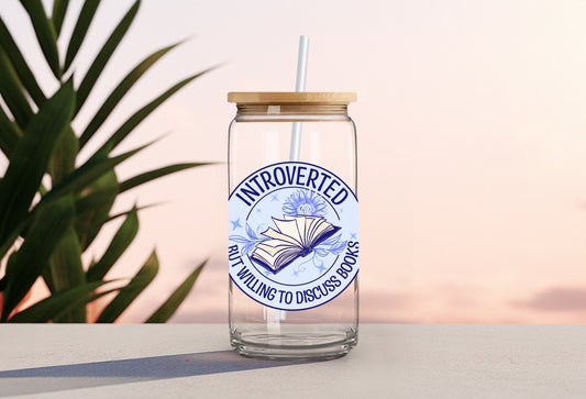 Introverted but willing to discuss books - clear glass beer can - bookish merch | bookish gifts | glass | drinkware | tumbler