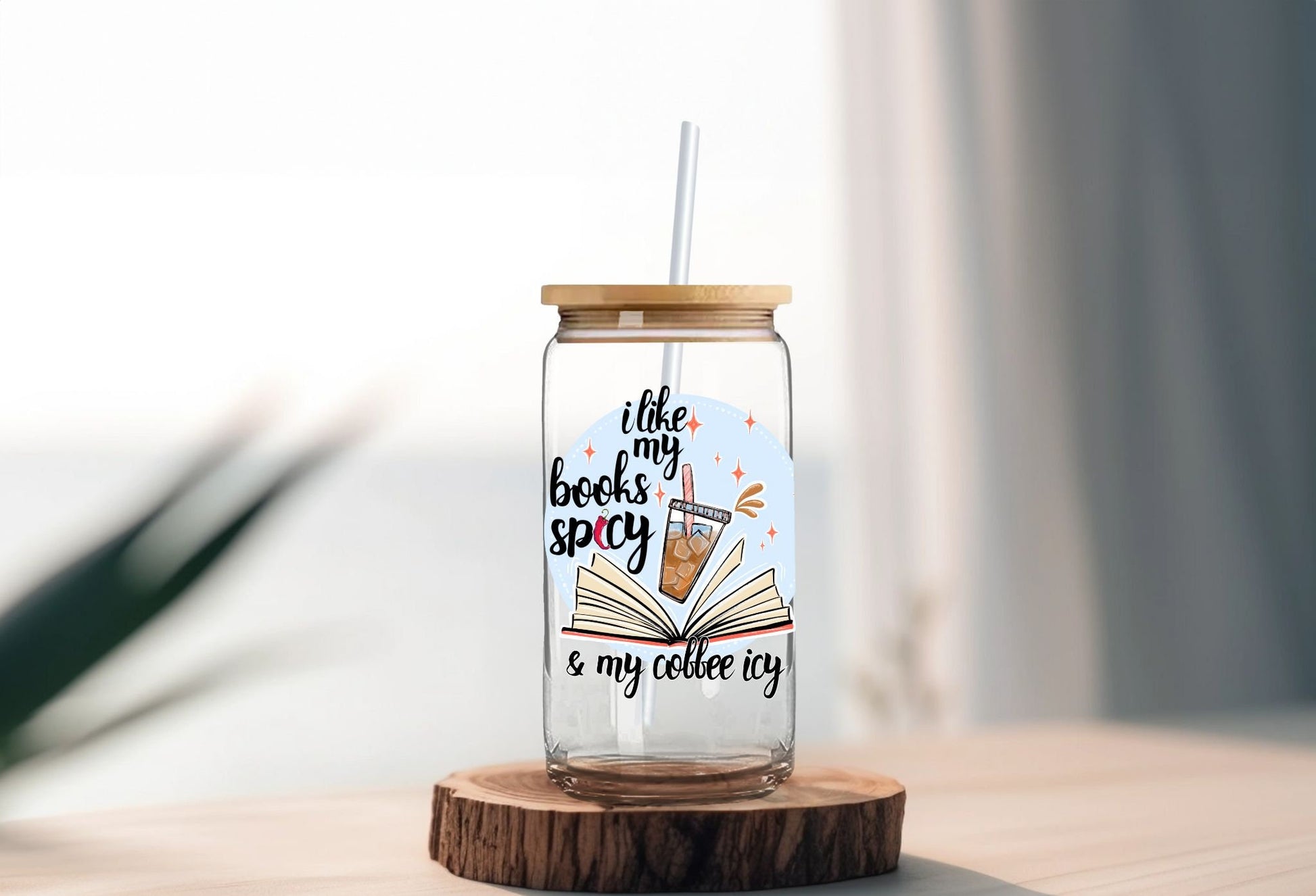 I like my book spicy & my coffee icy - clear glass beer can - bookish merch | bookish gifts | glass | drinkware | tumbler