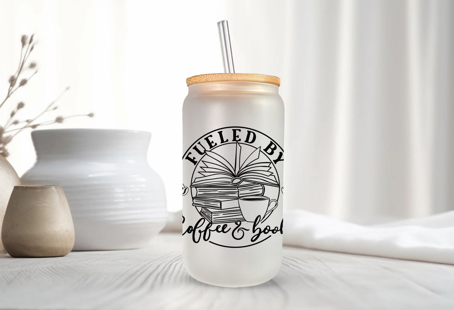 Fueld by Coffee and Books -Frosted glass beer can - bookish merch | bookish gifts | libby glass | drinkware | tumbler | iced coffee | mug