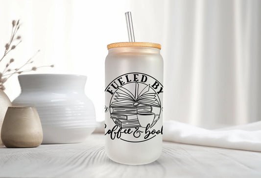 Fueld by Coffee and Books -Frosted glass beer can - bookish merch | bookish gifts | libby glass | drinkware | tumbler | iced coffee | mug
