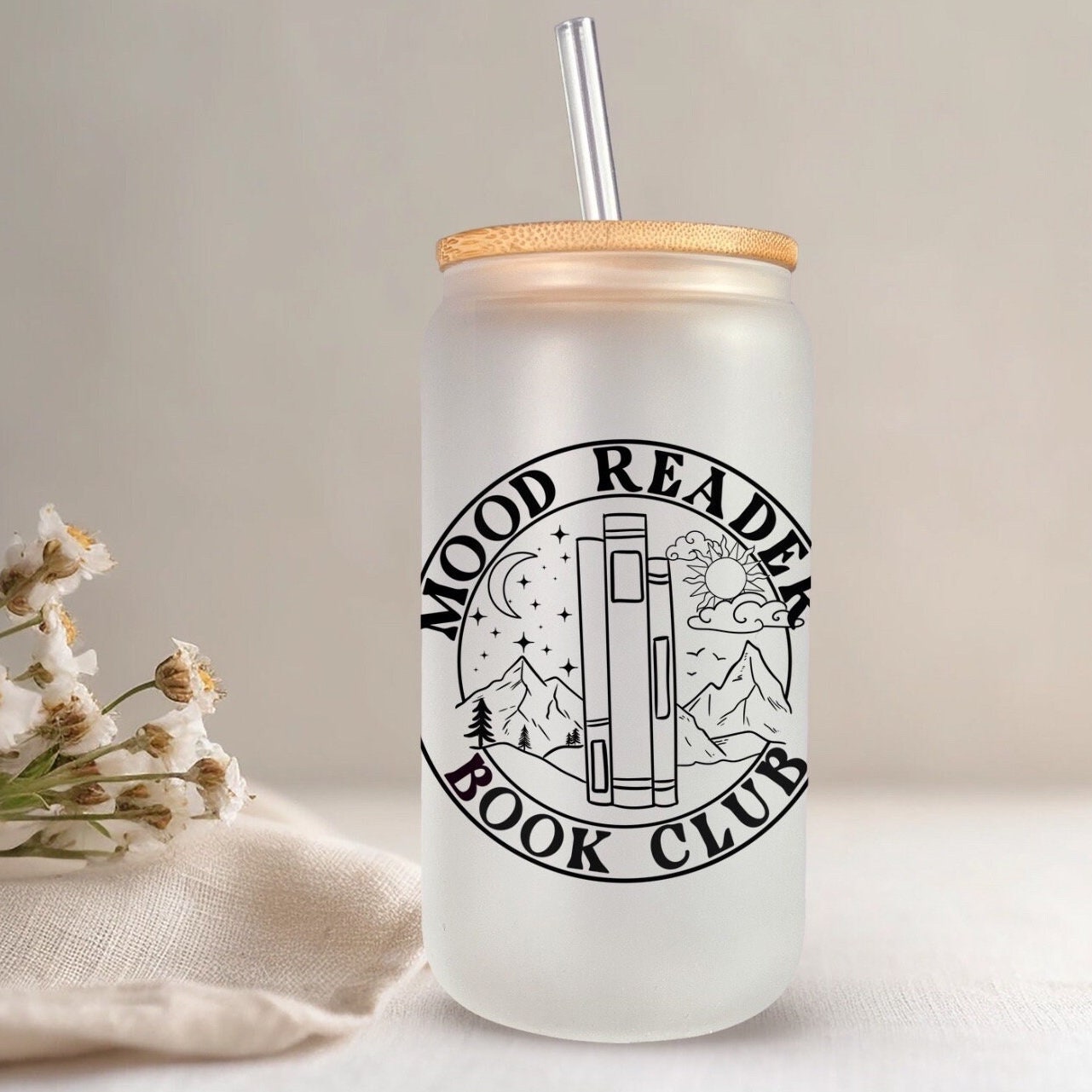 Mood reader book club - Frosted glass beer can - bookish merch | bookish gifts | libby glass | drinkware | tumbler | iced coffee | mug
