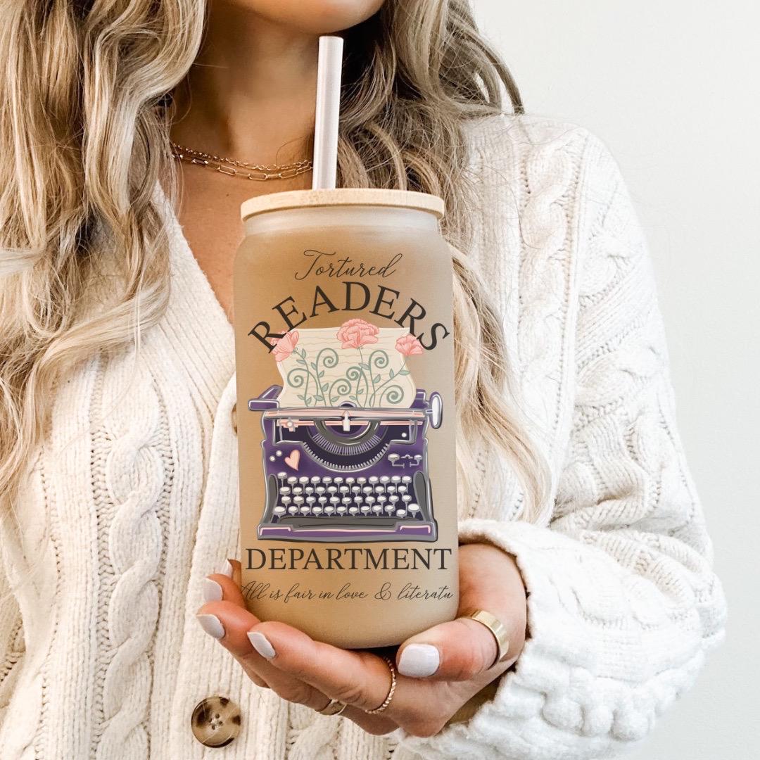 Tortured Readers Department- Frosted glass beer can - bookish merch | bookish gifts | libby glass | drinkware | tumbler | iced coffee | mug