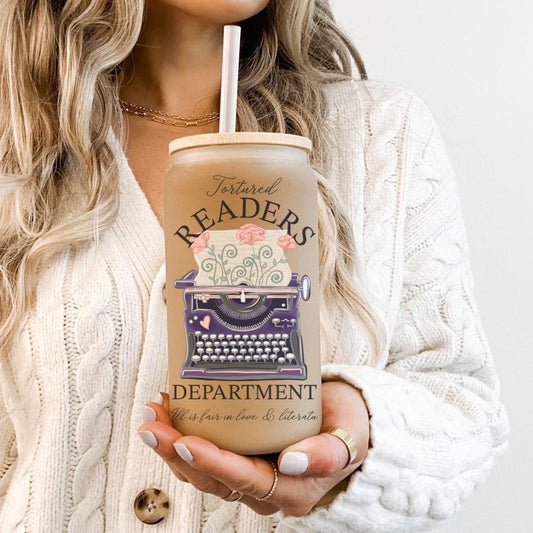 Tortured Readers Department- Frosted glass beer can - bookish merch | bookish gifts | libby glass | drinkware | tumbler | iced coffee | mug