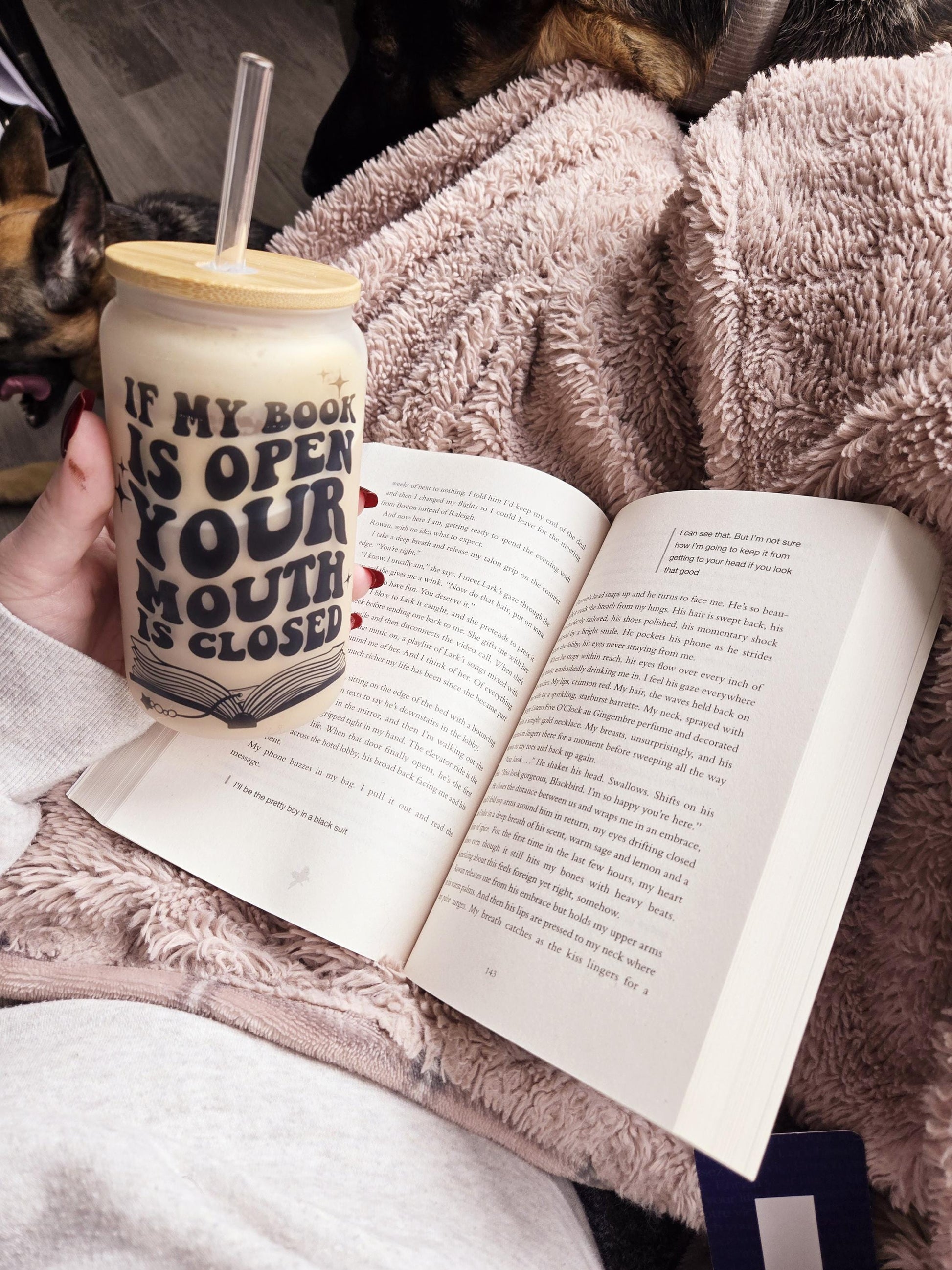 If my book is open - Frosted glass beer can - bookish merch | bookish gifts | libby glass | drinkware | tumbler | iced coffee | mug