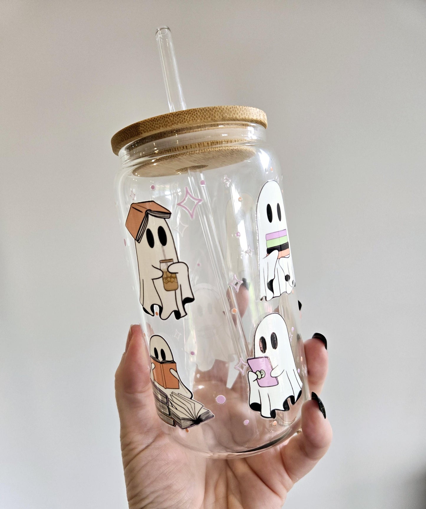 Bookish Ghosts Libbey Glass Can: Iced Coffee Tumbler with Lid & Straw