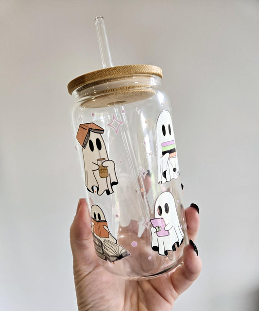 Bookish Ghosts Libbey Glass Can: Iced Coffee Tumbler with Lid & Straw