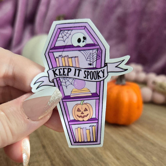 Keep it spooky - coffin bookshelf - spooky season stickers / booktok / book addict / whimsy / reader / water resistant | bookish gifts