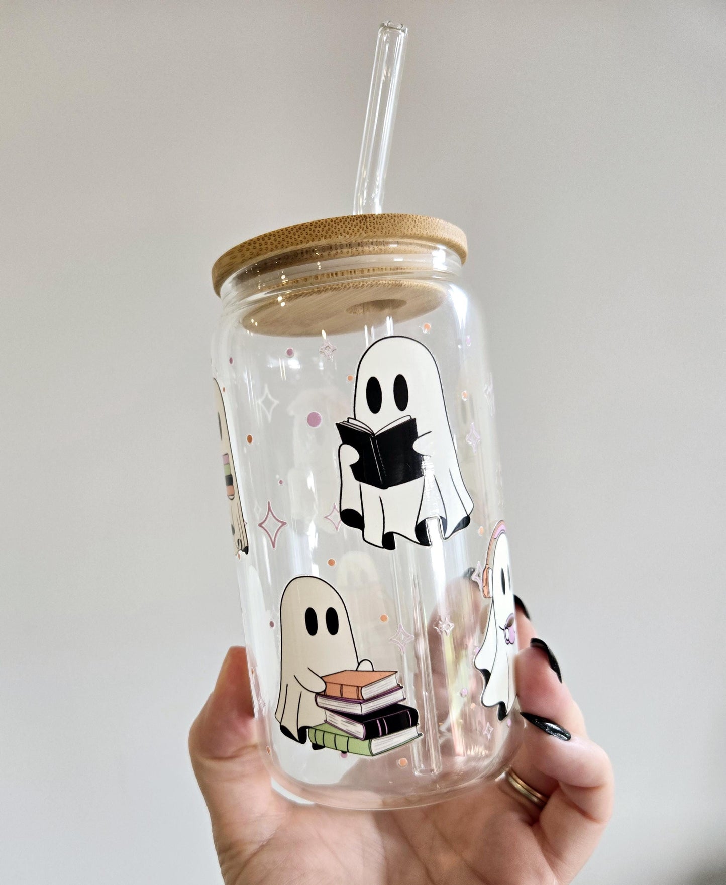 Bookish Ghosts Libbey Glass Can: Iced Coffee Tumbler with Lid & Straw