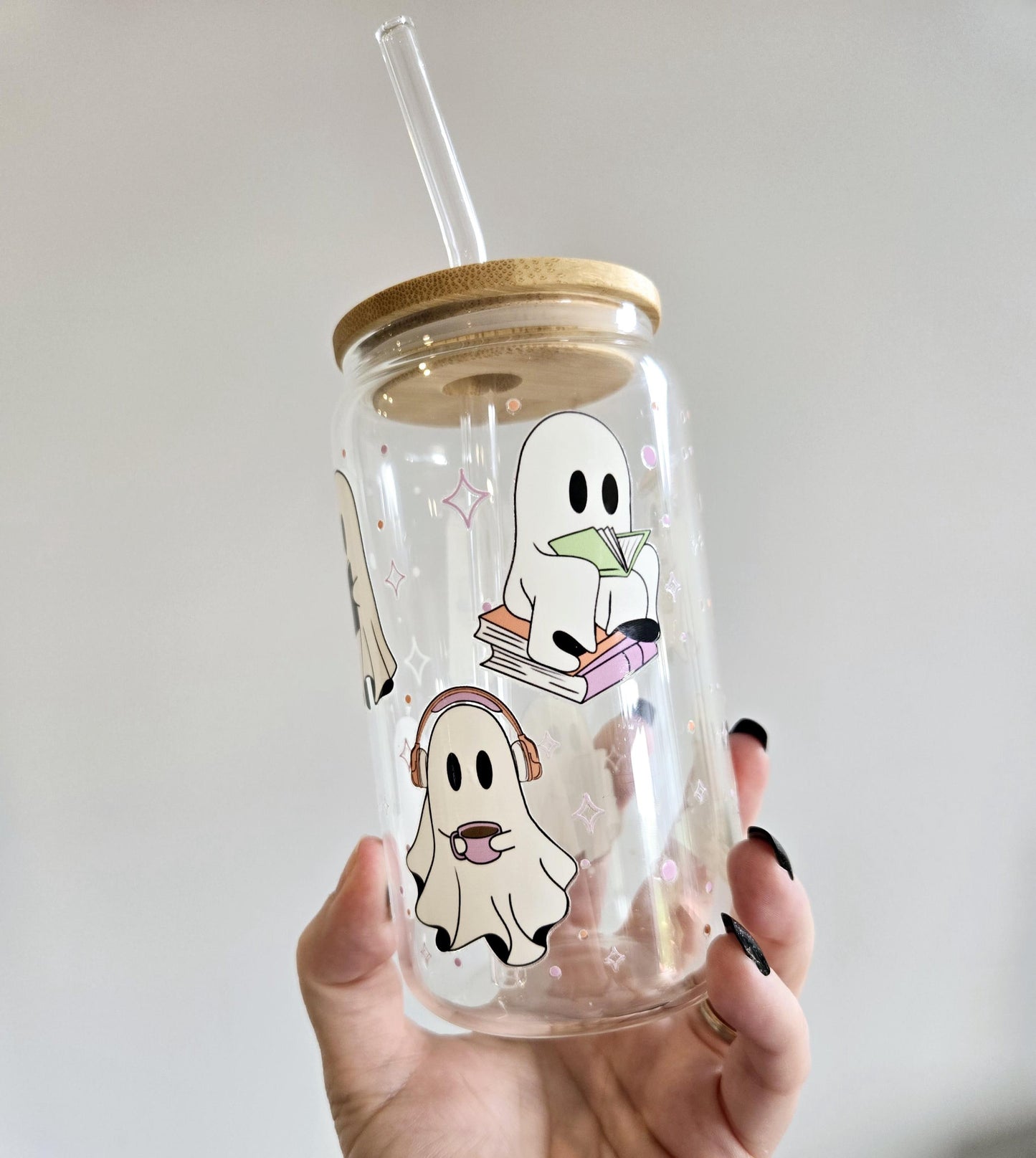Bookish Ghosts Libbey Glass Can: Iced Coffee Tumbler with Lid & Straw
