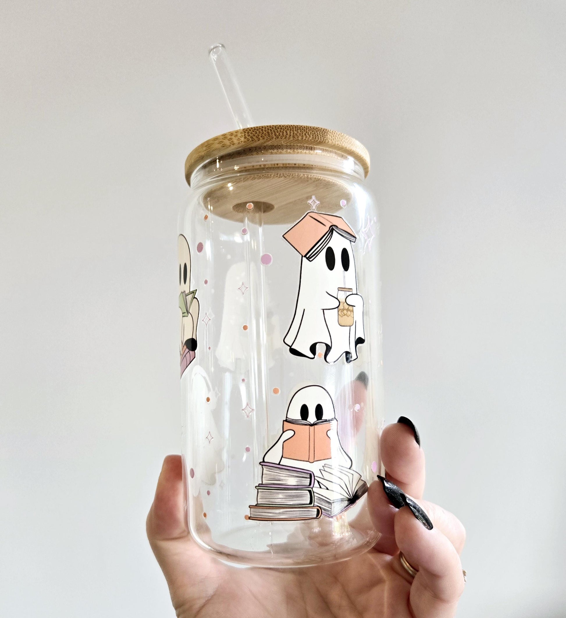 Bookish Ghosts Libbey Glass Can: Iced Coffee Tumbler with Lid & Straw