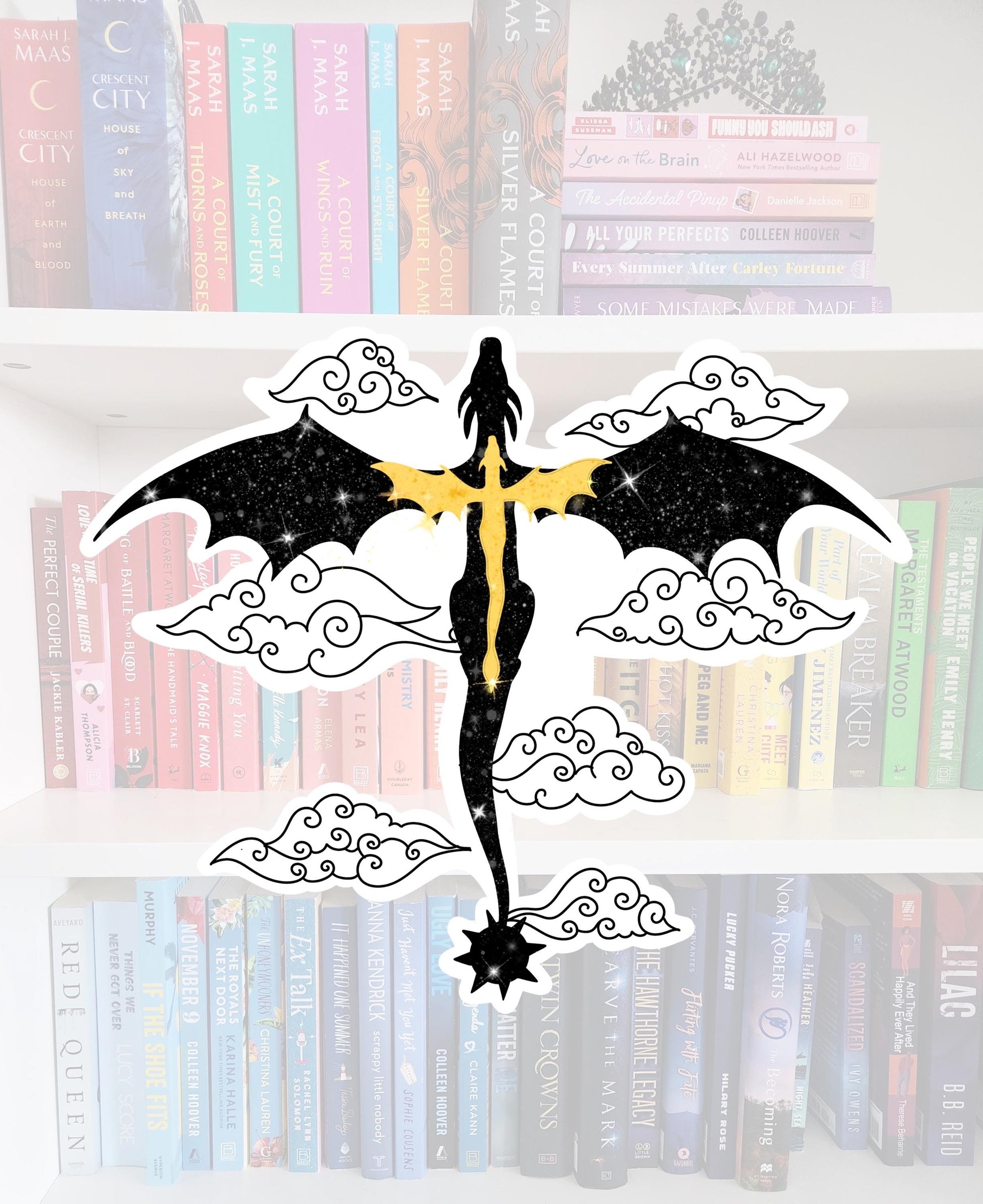 Black and gold dragon with clouds - fantasy sticker | Fourth Wing | dragon | reader | bookish gifts | kindle | books | e-reader | bookish