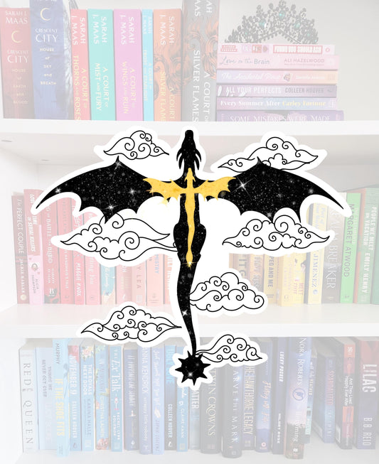 Black and gold dragon with clouds - fantasy sticker | Fourth Wing | dragon | reader | bookish gifts | kindle | books | e-reader | bookish