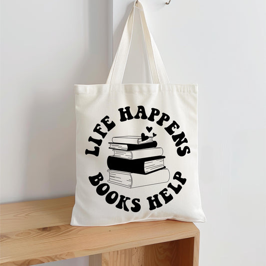 Life Happens, Books Help | bookish merch | books | reader | reading | tote bag | booktok | bookstagram | bookish gifts | book | cotton tote