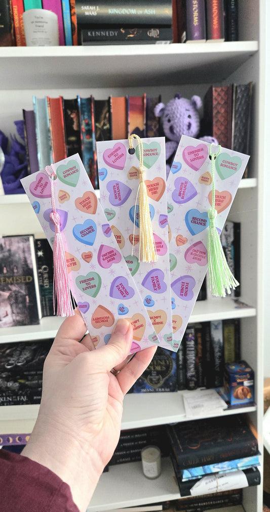 Book trope candy hearts Bookmark | bookish | romance | page holder | bookish gifts | bookish merch | books | gifts | reader